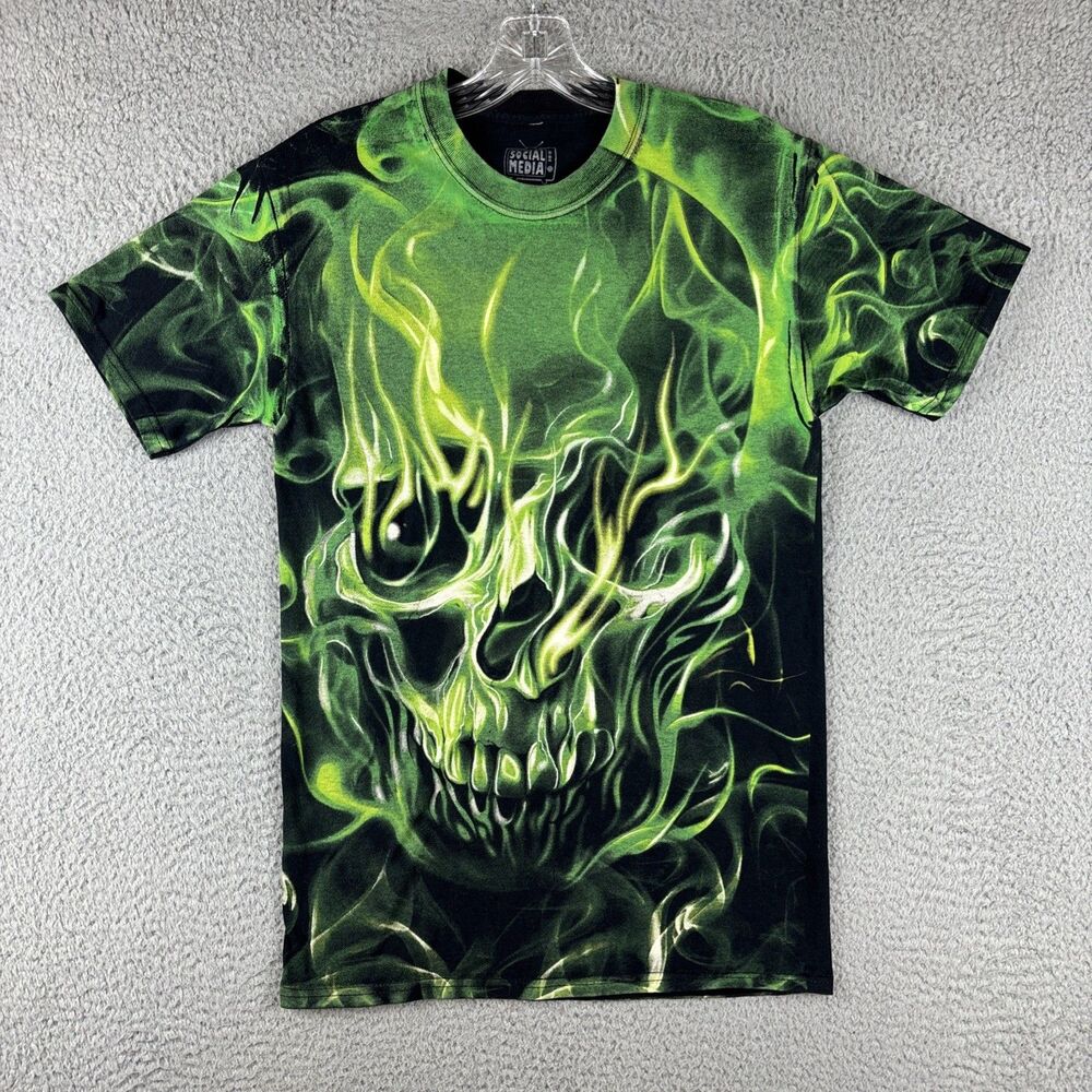 Skull Smoke Flames Graphic T-Shirt Men's Small Social Media Black Green (Stains)